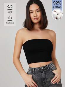SHEIN BASICS 女款簡約性感基礎款保守極簡百搭純色抹胸上衣，適合度假、海灘、日常、日間、辦公室工作、夜店、外出，黑色 - 黑色 - 查看 5