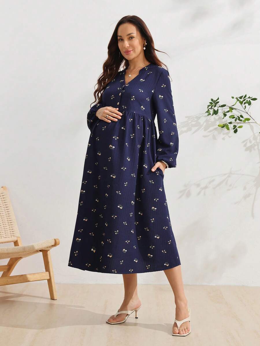 SHEIN Maternity Floral Print Button Nursing Functional Pleated Vacation Dress Fall - Navy Blue - View 1