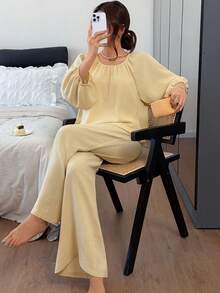 DAZY Women's Solid Color Round Neck Raglan Sleeve Top And Pants Pajama Set - Yellow - View 3