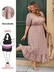 SHEIN CURVE+ Plus Size Women Vacation Floral Print Puff Sleeve Casual Dress - Pink - View 2