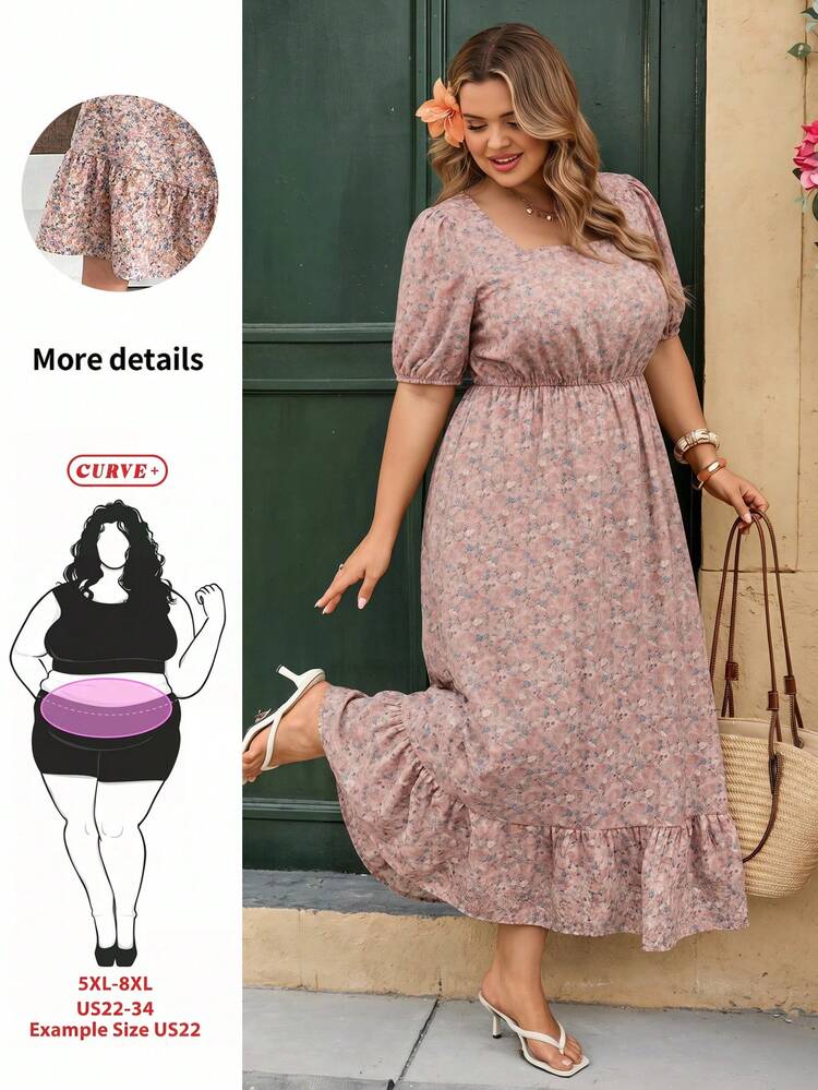 SHEIN CURVE+ Plus Size Women Vacation Floral Print Puff Sleeve Casual Dress - Pink - View 1