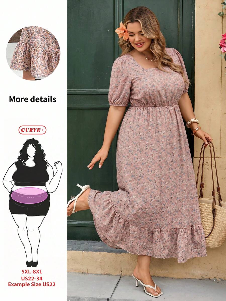 SHEIN CURVE+ Plus Size Women Vacation Floral Print Puff Sleeve Casual Dress