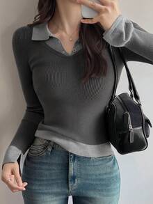 DAZY Women's Colorblock Fitted Long Sleeve Polo Collar Casual Vacation Pullover Knit Sweater School Fall - Grey - View 1