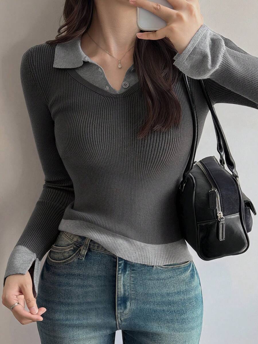 DAZY Women's Colorblock Fitted Long Sleeve Polo Collar Casual Vacation Pullover Knit Sweater School Fall - Grey - View 1