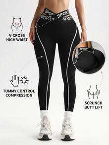 Easithlete Easithlete 1 件女式字母弹性交叉腰带紧身裤，适合跑步、健身、锻炼 - 黑色 - 查看 1