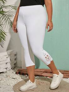 Lounesse Plus Size Women's Casual Lace Patchwork White Leggings Summer Bottoms - White - View 3