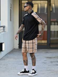 Devon Thys Men's Summer Casual Plaid Patchwork Polo Shirt And Shorts Set, Fall Clothes - Black - View 3