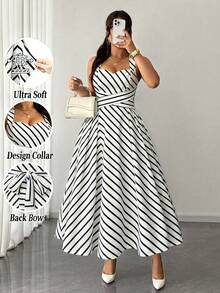 Elenzga Black And White Contrasting Striped Square Neck Knitted Waist Strap Elegant Party Daily Dress - Black and White - View 1