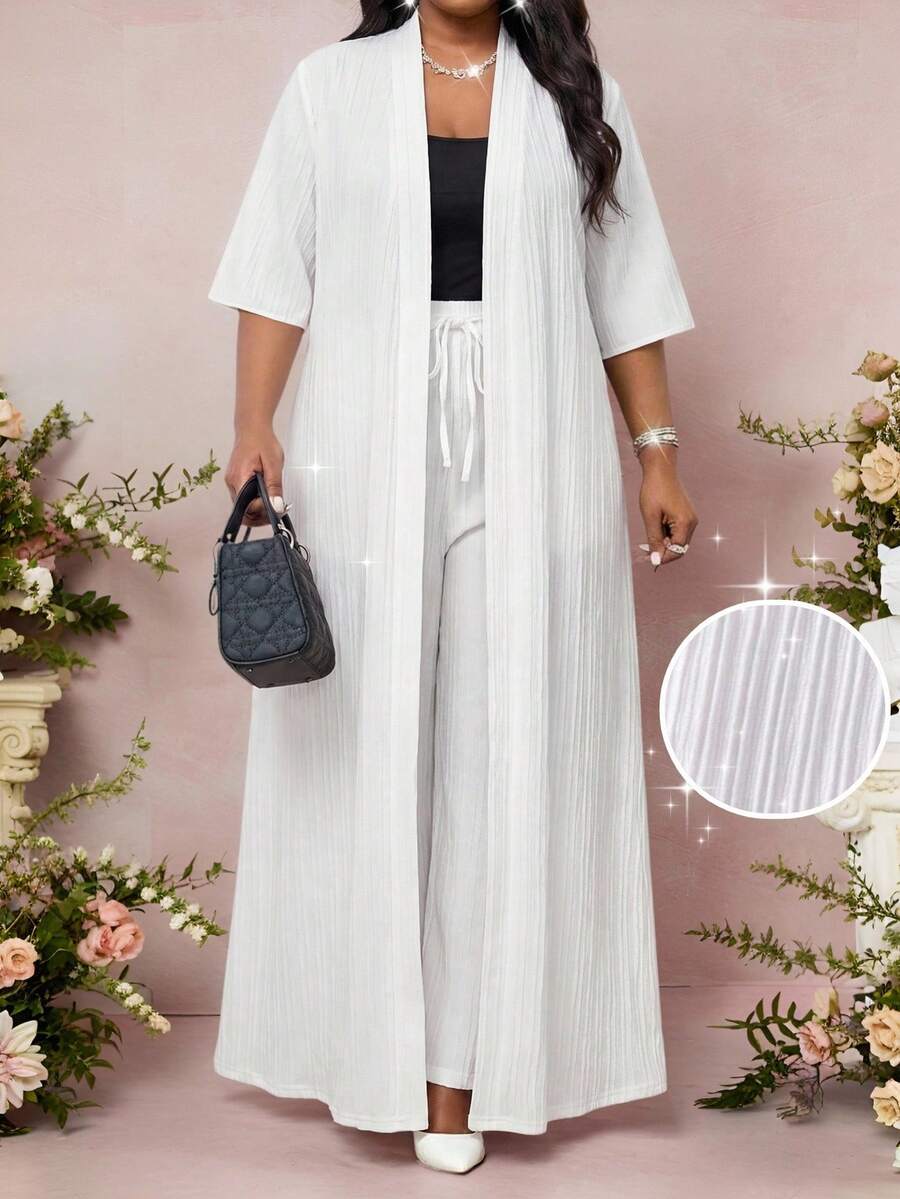 SHEIN Lady Plus Size Elegant Solid Color Front Open Short Sleeve Jacket And Drawstring Waist Pants 2-Piece Set, Summer Tea Party Vacation White - White - View 1