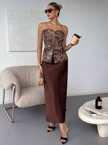 Lavishia 女款優雅度假風波西米亞刺繡串珠抹胸上衣 - 棕色 - 查看 4