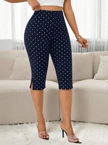 SHEIN Lady 女款深藍色圓點緊身內搭褲休閒日常款 - 藏蓝色 - 查看 4