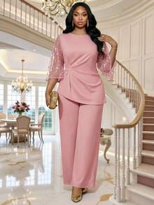 SHEIN Lady Plus Size Elegant Party Sequin Mesh Patchwork Top & Pants 2 Pieces Set - Baby Pink - View 5