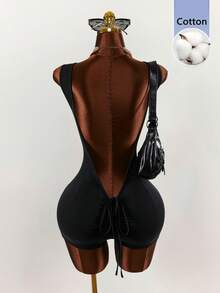 Amplova Women's Solid Color Backless Round Neck Sleeveless Fashionable Minimalist Tight Jumpsuit, Summer - Black - View 8