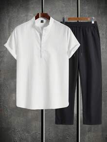 Manfinity Homme Men's Textured Button Half-Placket Loose Shirt And Drawstring Waist Pocket Pants Set - Black and White - View 1