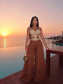 Slaydiva Damen Farbblock Plissee Cut-Out Lässig Urlaubs Cover-Up Jumpsuit Badeanzug Badeanzüge - Braun - Übersicht 7