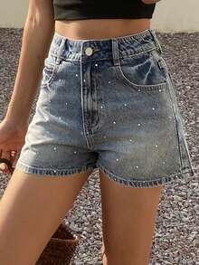 Livesso Tall Shorts vaqueros casuales para mujer con estampado de strass en todo el tejido, para mujeres altas en verano - Azul lavado medio - Ver 8
