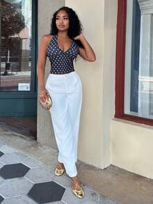 Alexandranx Einfarbige lässige Vintage Baggy Palazzo Hose mit Taschen, Damen Frühling Sommer weite Bein Anzughose, Damen Anzughose Business Kleidung Weiß - Weiss - Übersicht 3