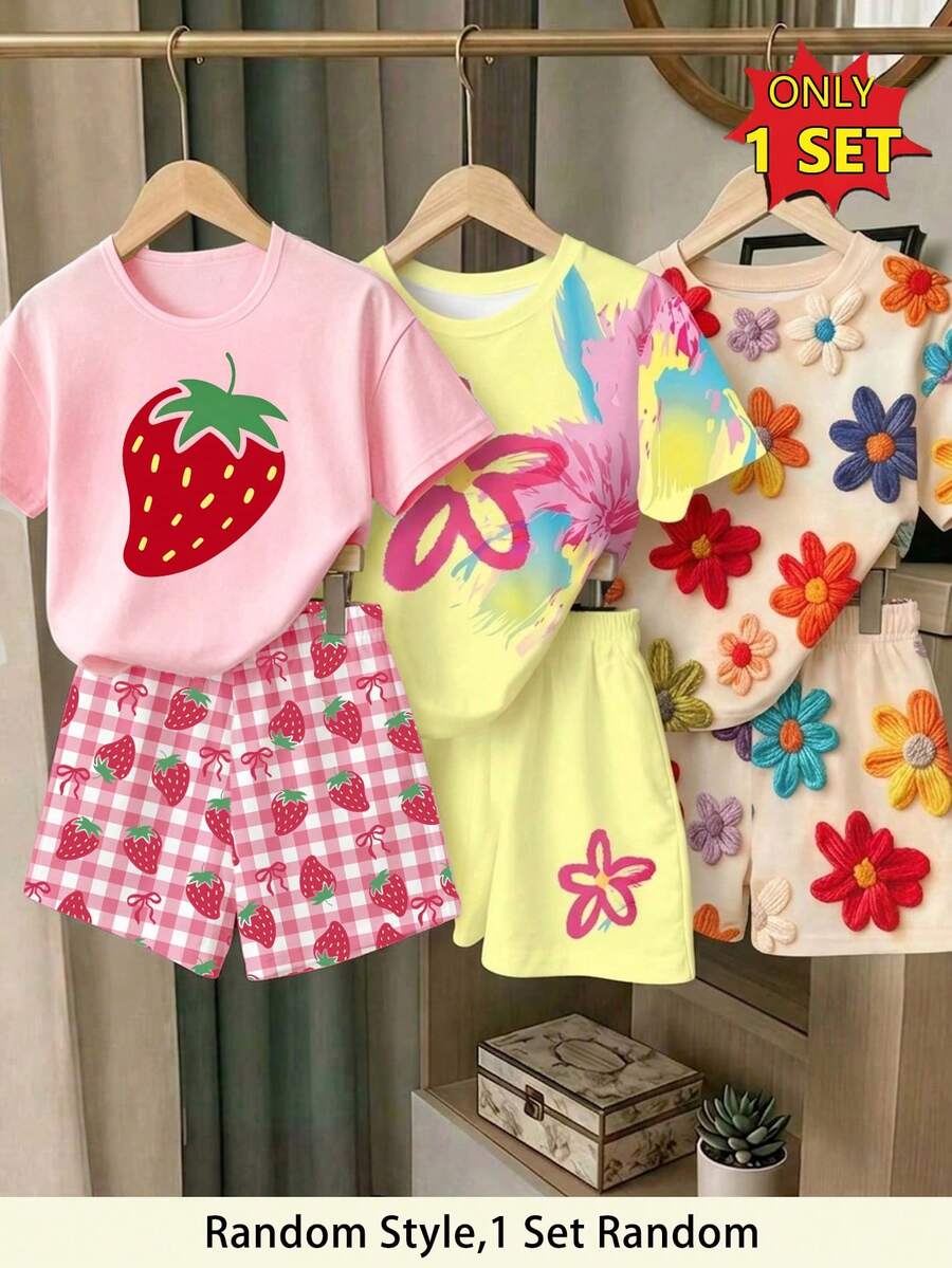 Elladie kids (Patrón aleatorio, 1 set aleatorio) Conjunto de camiseta corta básica y pantalones cortos con estampado de salpicaduras minimalistas, flores coloridas y fresas para niñas, uso diario de verano - Multicolor - Ver 1