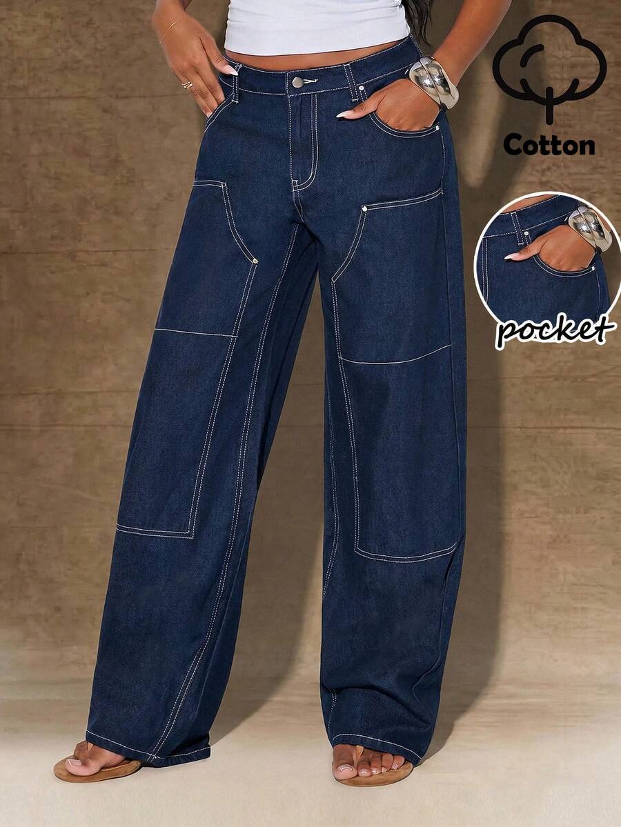 Normani Women's Retro Dark Blue Raw Woodworking Work Pants, Low-Rise Casual Straight-Leg Jeans, Dark Blue, Casual Street Style Summer Style.