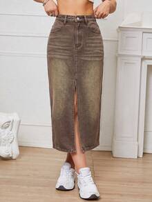 SHEIN EZwear 休閒水洗開衩下擺牛仔裙 - 摩卡棕 - 查看 3