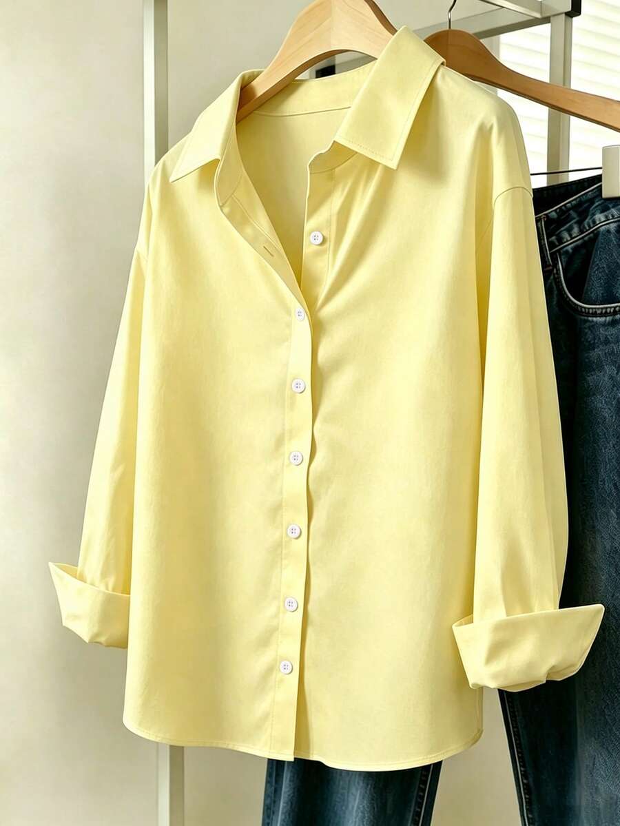 INAWLY Kemeja Kasual Wanita Lengan Panjang Kancing Tunggal Warna Polos - Kuning - View 1
