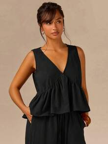 Athîral Women's Vacation Casual Solid Color Tank Top And Long Pants 2 Pieces Set - Black - View 6