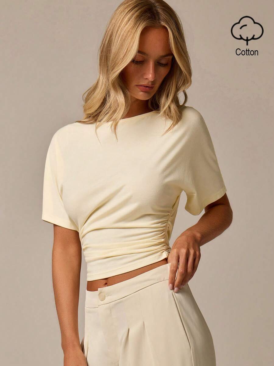 COSMINA Women's Solid Color Pleated Slim Fit Versatile Casual Elegant Short Sleeve Top Date Pale Yellow Top Work Tops Going Out Tops - Multicolor - View 1