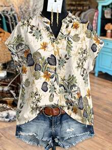 EMERY ROSE Plus Size Fashion Short Sleeve V-Neck Blouse With Floral Print - Multicolor - View 1