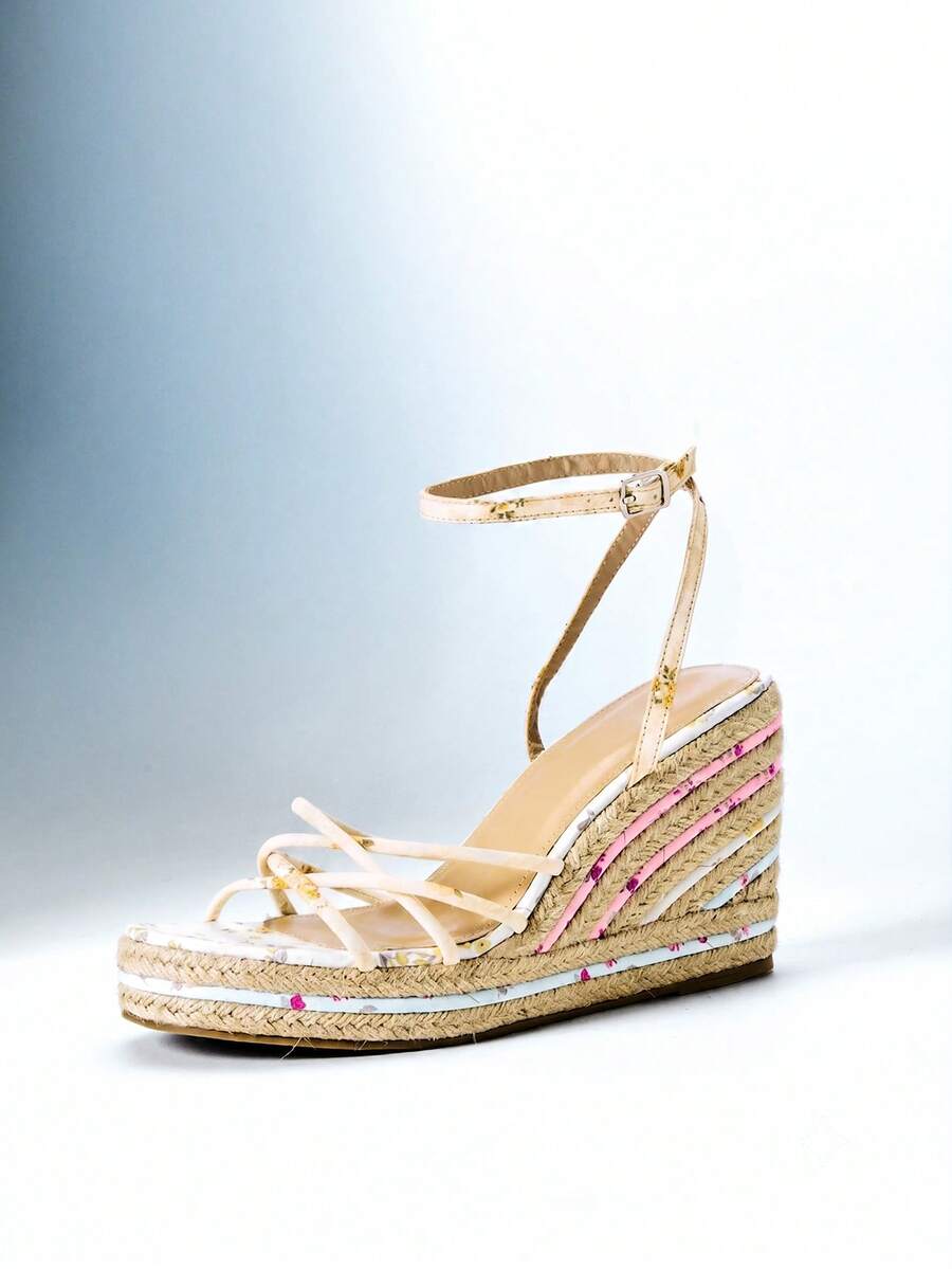 Solezae Women's Elegant Cute Floral Print Ankle Strap Espadrille Wedge - Yellow - View 1