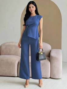 DAZY Conjunto de ropa de verano para vacaciones y oficina ligera para mujer, top elegante y pantalones de pierna ancha, conjunto de 2 piezas - Azul - Ver 7