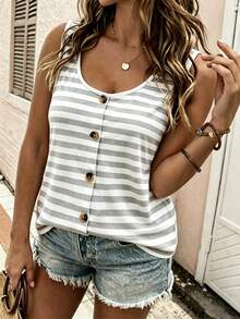 EMERY ROSE Plus Size Women's Comfortable Color Block Striped Pattern Round Neck Button Top, Round Neck Comfortable Camisole, Suitable For Daily Casual Wear - Multicolor - View 1