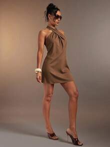 Hauture Women's Sexy Abstract Animal Skin Zebra Brown Print Linen Cross Halter Mini Dress - Brown - View 3