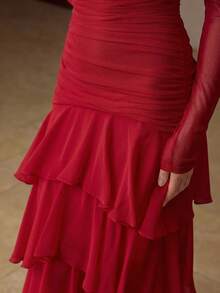 MOTF PREMIUM WOMEN'S RUCHED TEXTURE RUFFLE HEM OFF SHOULDER LONG DRESS, AUTUMN/WINTER - Red - View 2