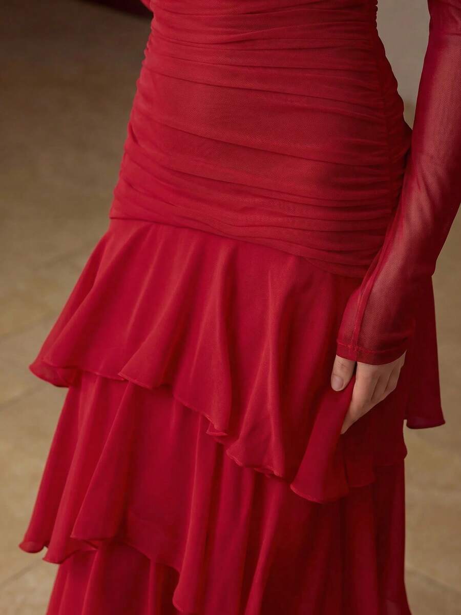MOTF PREMIUM WOMEN'S RUCHED TEXTURE RUFFLE HEM OFF SHOULDER LONG DRESS, AUTUMN/WINTER - Red - View 2