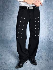 ROMWE MEN Street Life Jeans en denim avec décoration de rivets, mode homme - Noir - Voir 5