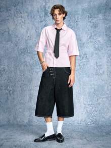 ROMWE MEN Street Life 男士时尚纯色系带衬衫 - 粉色 - 查看 8