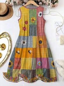 EMERY ROSE Plus Size Women's Printed Bee Patchwork Round Neck Sleeveless Tank Dress, Fashionable Summer Women's Clothing - Multicolor - View 2