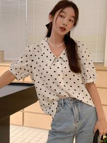 DAZY Polka Dot Puff Sleeve Blouse - Beige - View 6
