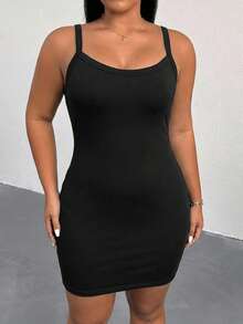 SHEIN Essnce Plus Size Women's Spring/Summer Fashion Casual Black Grey Spaghetti Strap Short Dress 2pcs Fitted Bodycon Outing Outfit Base Layer Business Dark Green - Multicolor - View 8