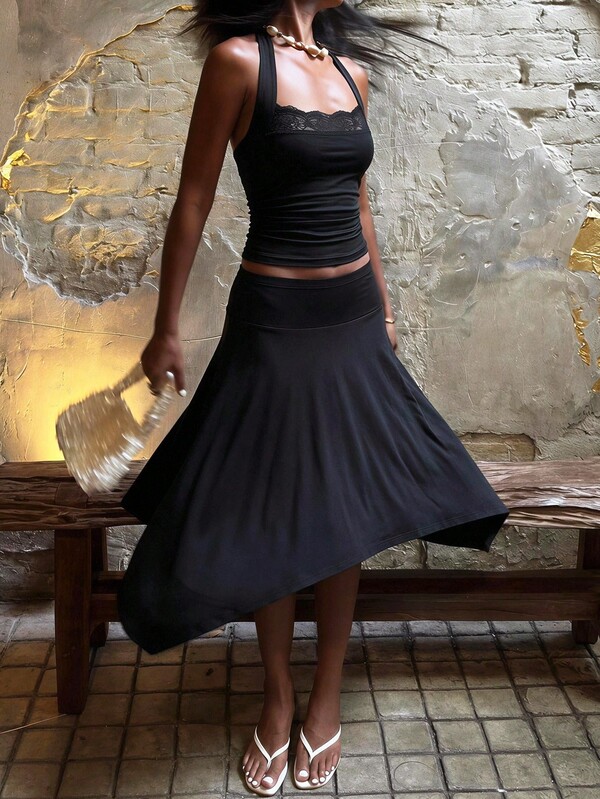 Soleia Women's Spring Summer Autumn Black Casual Vacation Commute Party Elegant Sexy Knit Lace Patchwork Top And Asymmetrical Hem Skirt Set, Autumn Minimalist Style, Perfect For Brunch, Vacation, Party, Wedding, Night Out, Date, Sister Casual Vacation, Daily Wear, Casual Street Style And More Occasions