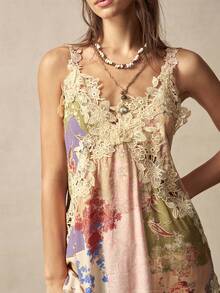 Bohemela Summer/Fall Vacation Casual Floral Lace Patchwork Ruffle Strap Women's Top, Daily Wear, Country Concert Party, Back To School - Multicolor - View 3