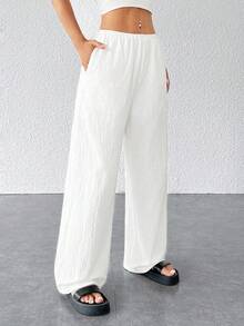 SHEIN PETITE CURVE 大码弹力腰休闲纯色裤 - 白色 - 查看 7