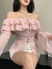 Joudiya 女款優雅粉色雪紡露肩長袖上衣，附荷葉邊飾，適合夏季婚禮、宴會、派對及正式場合外出的上衣 - 粉色 - 查看 7