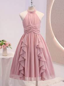 Tween Girls Elegant Back To School Party Wedding Pink Chiffon Halter Neck Hi Waist Cinched Dress - Pink - View 4