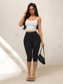 SHEIN PETITE 休閒百搭純色七分/十分長度緊身褲 - 黑色 - 查看 9
