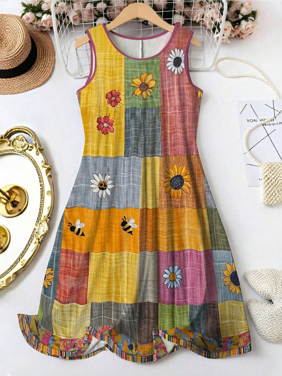 EMERY ROSE Plus Size Women's Printed Bee Patchwork Round Neck Sleeveless Tank Dress, Fashionable Summer Women's Clothing - Multicolor - View 1