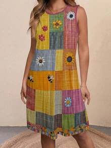 EMERY ROSE Plus Size Women's Printed Bee Patchwork Round Neck Sleeveless Tank Dress, Fashionable Summer Women's Clothing - Multicolor - View 4