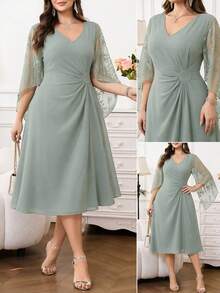 Reflora Vestido Elegante de Fiesta Talla Grande con unicolor y Patchwork de Encaje - Verde - Ver 2