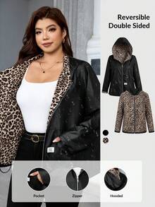 SHEIN Clasi 大尺碼女款可正反穿字母印花牛仔拉鍊連帽外套 - 黑色 - 查看 8