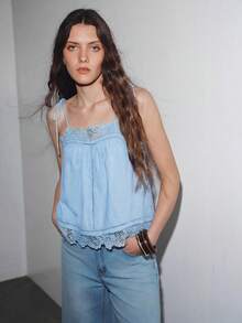 MOTF PREMIUM VACATION ALL COTTON EMBROIDERED LACE PATCHWORK LOOSE CAMISOLE TOP SPRING SUMMER - Blue - View 2